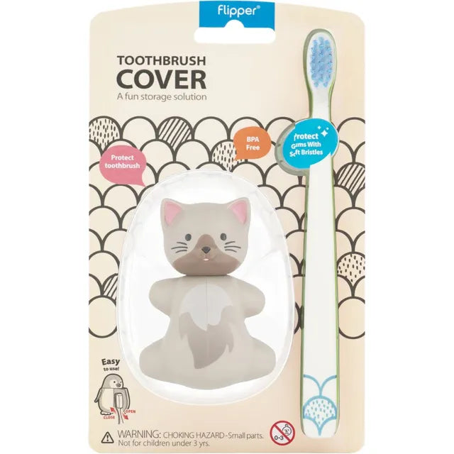 Flipper - Fun Animal Toothbrush With Holder for Kids - Cat (Colour May Vary)