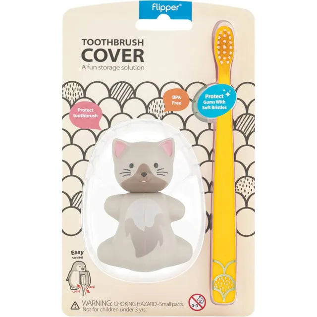 Flipper - Fun Animal Toothbrush With Holder for Kids - Cat (Colour May Vary)
