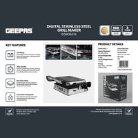 Geepas 2170W Digital Stainless Steel Grill Maker, 180° Open BBQ, Silver GGM36516