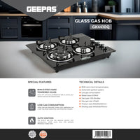 Geepas 4-Burner Tempered Glass Gas Hob, 6.51kW, Auto Ignition, Black GK4410