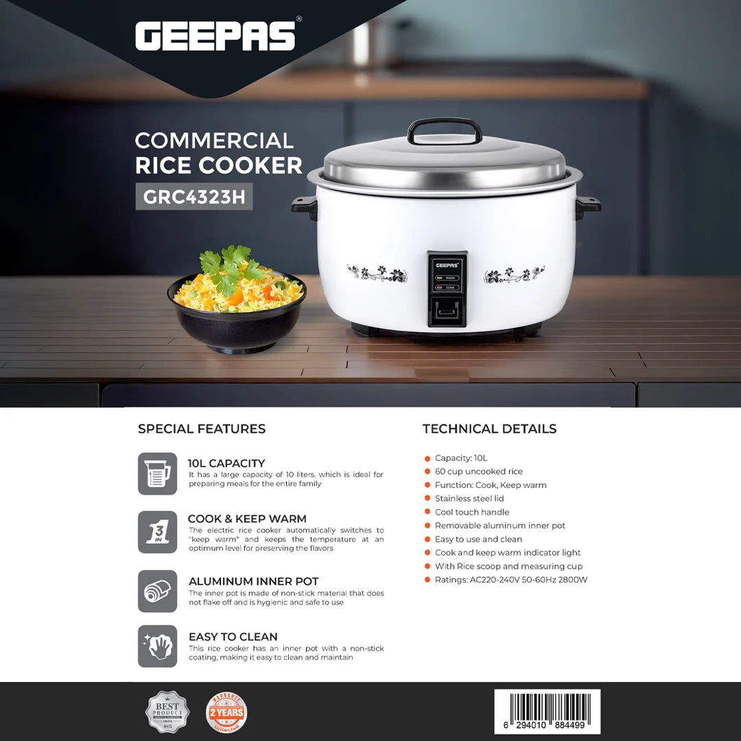 Geepas 10L Commercial Rice Cooker, Cook & Warm Function, Non-Stick Pot, White GRC4323