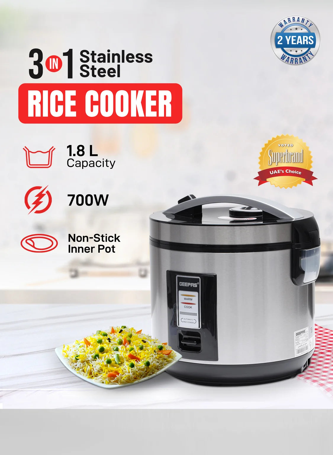 Geepas 1.8L Automatic Rice Cooker with Steamer, Black/Silver GRC4330