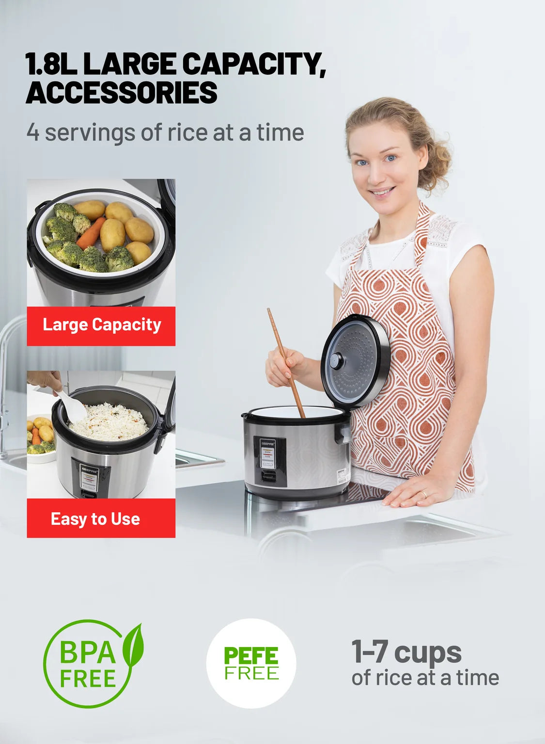 Geepas 1.8L Automatic Rice Cooker with Steamer, Black/Silver GRC4330
