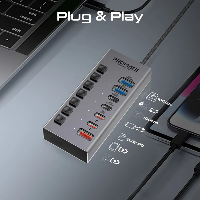 Promate GegaHub-10G 7-in-1 USB-C Multiport Hub with 10Gbps Data Transfer