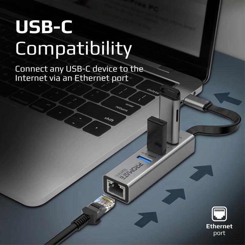 PROMATE GigaHub C USB C Hub with Ethernet and USB 3.0 Ports - Grey