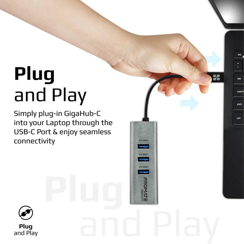 PROMATE GigaHub C USB C Hub with Ethernet and USB 3.0 Ports - Grey