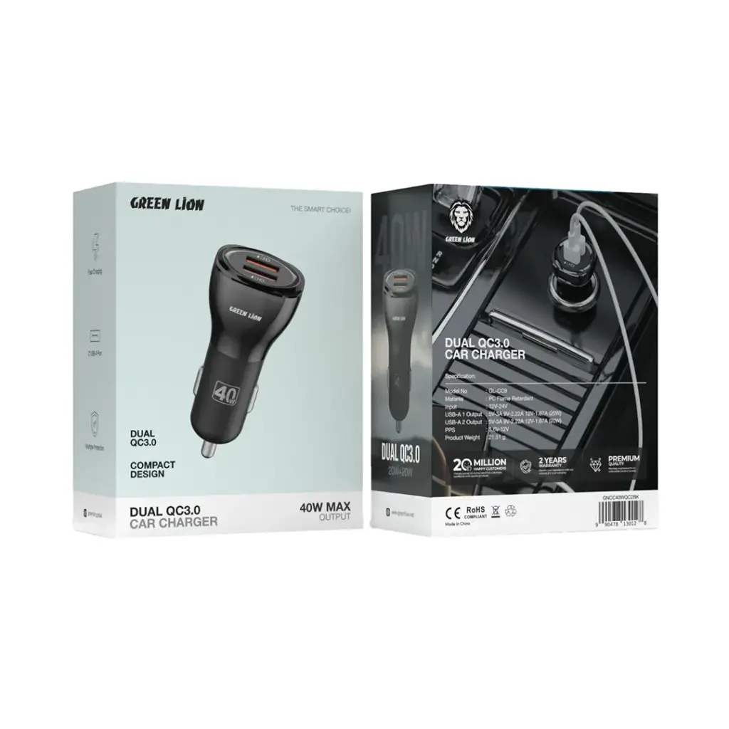 Green Lion 40W Car Charger + USB-A to USB-C Cable | Dual USB-A