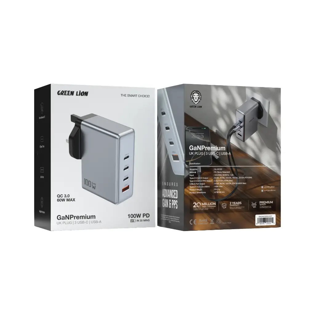 Green Lion GaN 100W UK Charger – Fast & Safe Charging