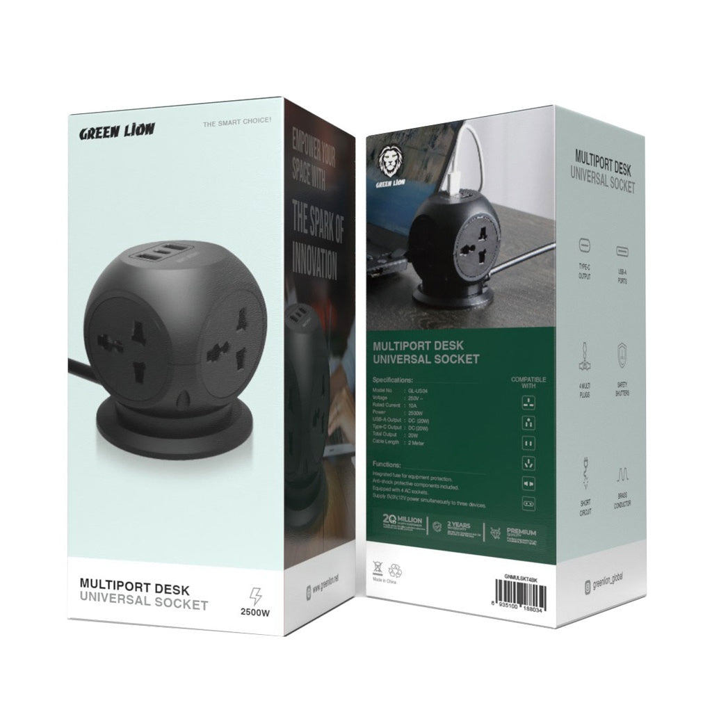 Green Lion Multiport Desk Socket Universal Power Hub - Black