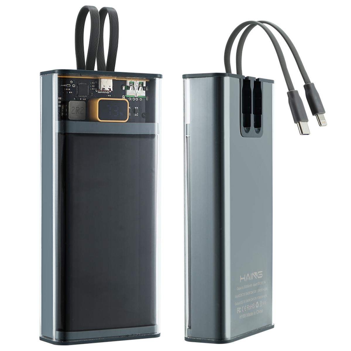 HAING H166 20000mAh Portable Power Bank with Built-In Lightning and USB-C Cables, LED Battery Display