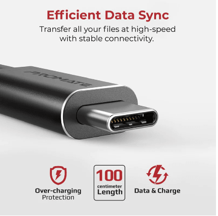 PROMATE Fabric Braided USB C Fast Charge & Sync Cable - Black