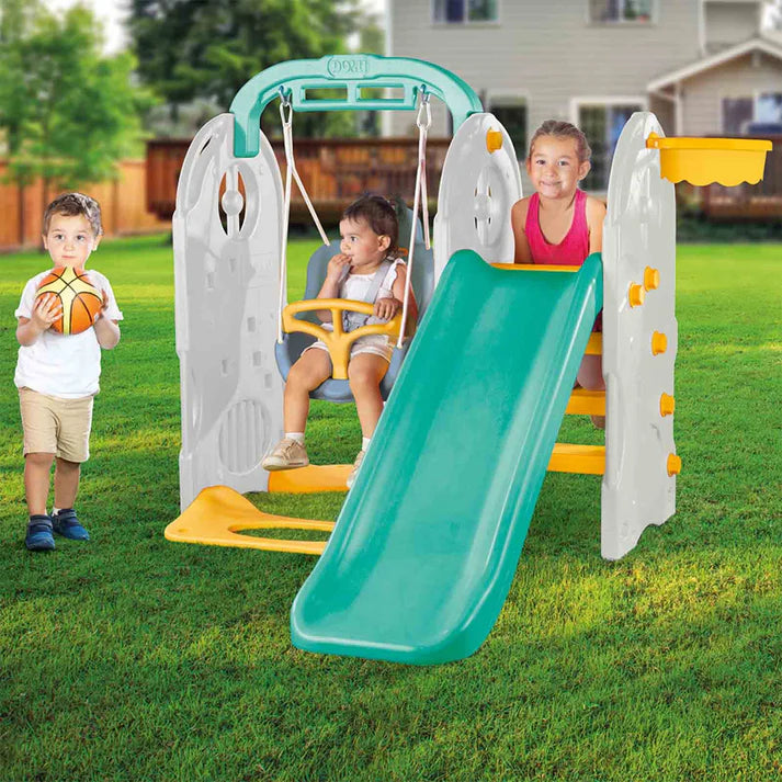 Dolu 4-in-1 Kids Playground Set – Slide, Swing, Basketball Hoop & Pull-Up Bar