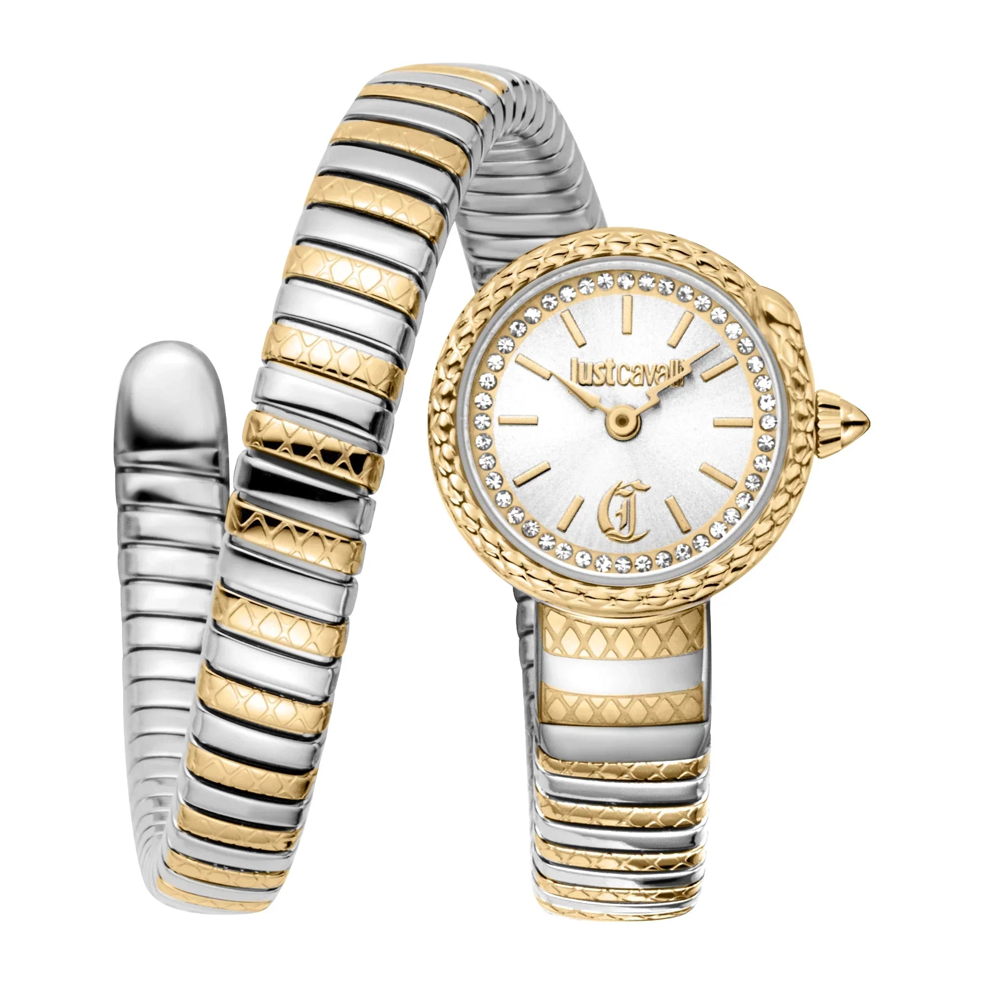 JUST CAVALLI JC1L351M0055 SILVER AND GOLD STEEL BAND WHITE DIAL FOR WOMEN