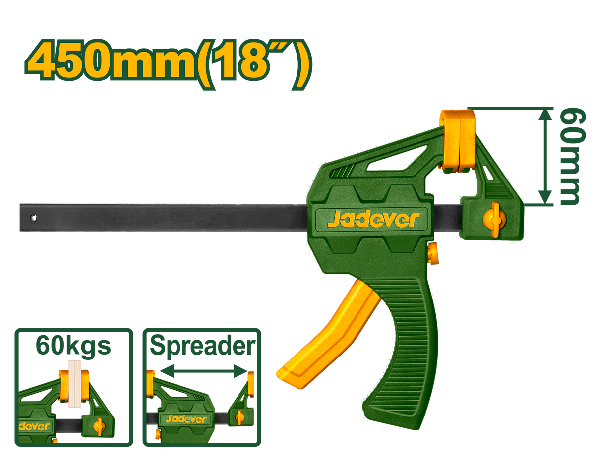 JADEVER Quick Bar Clamp 18" – 60×450mm One-Hand Woodworking Clamp (JDCP4318)