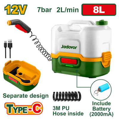 JADEVER Cordless Pressure Washer 12V – 8L Tank with USB-C Charging &amp; Auto Stop (JDQX2512)