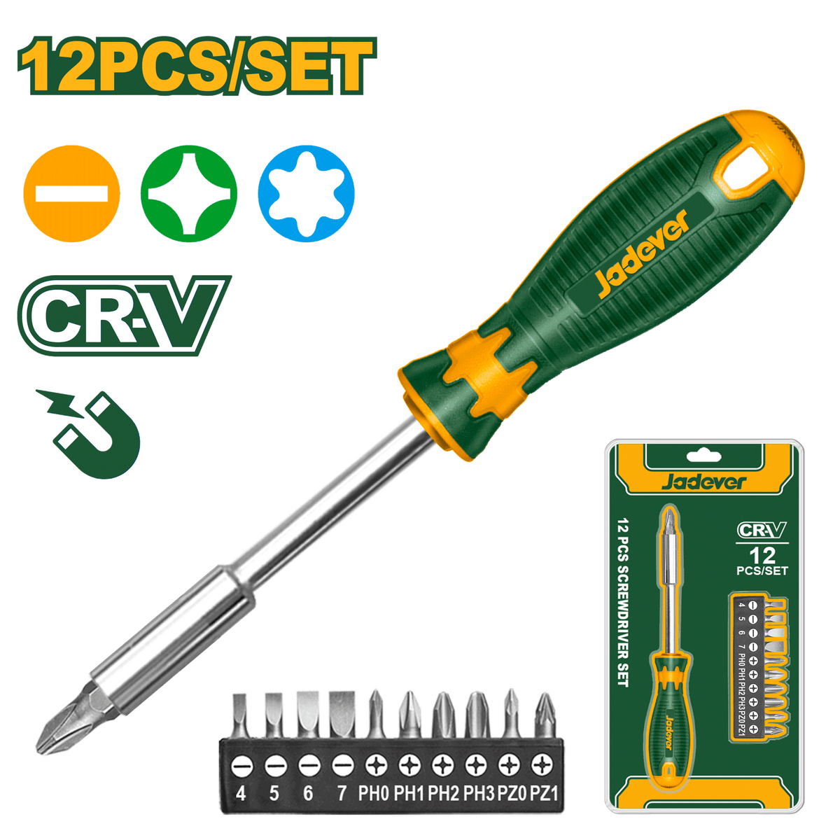 JADEVER 12-Piece Screwdriver Bits Set – CR-V Steel, 1/4" Hex, with Holder (JDSS1612)