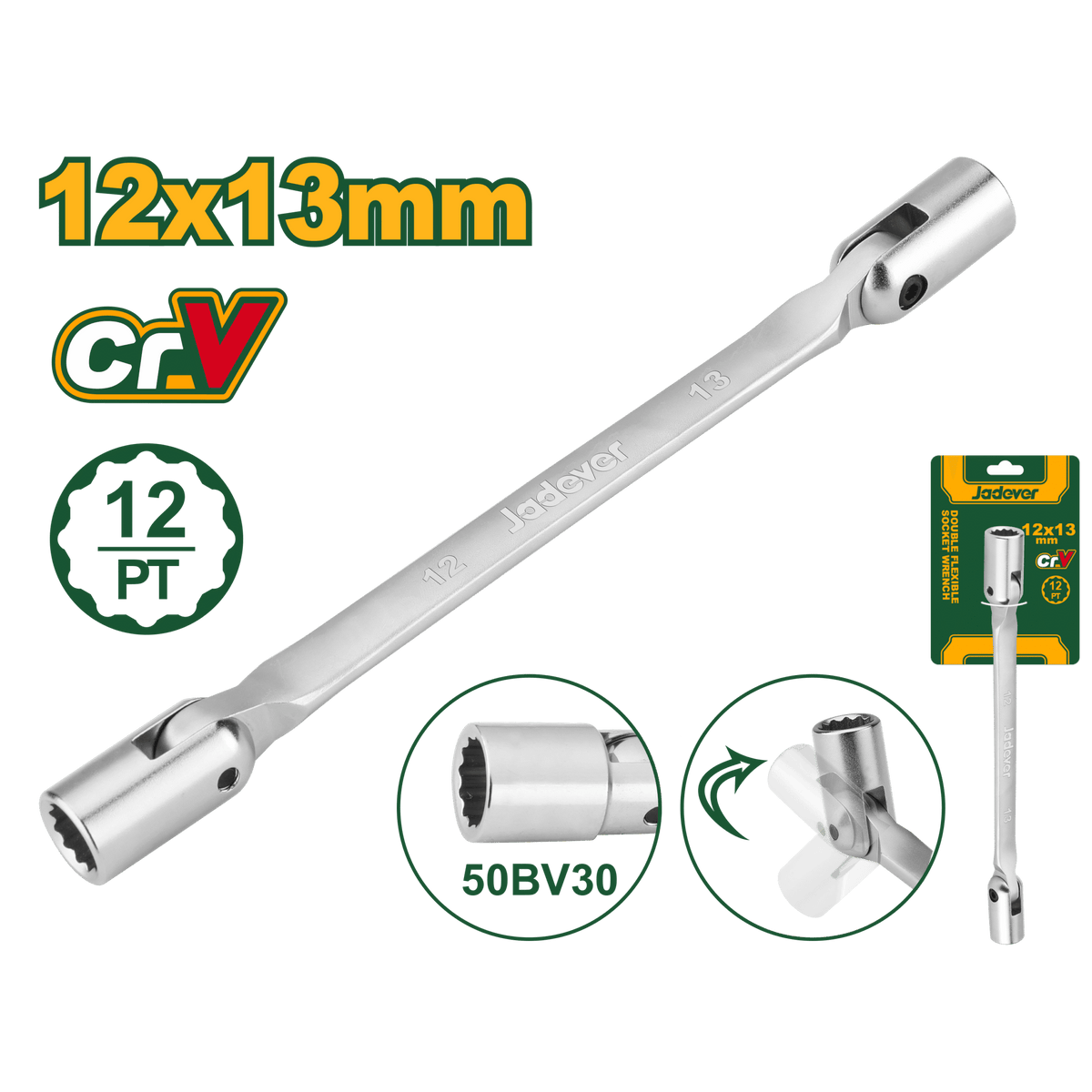 JADEVER Double Flexible Socket Wrench – 12mm &amp; 13mm, Dual Head, Chrome Plated (JDTH2E03)