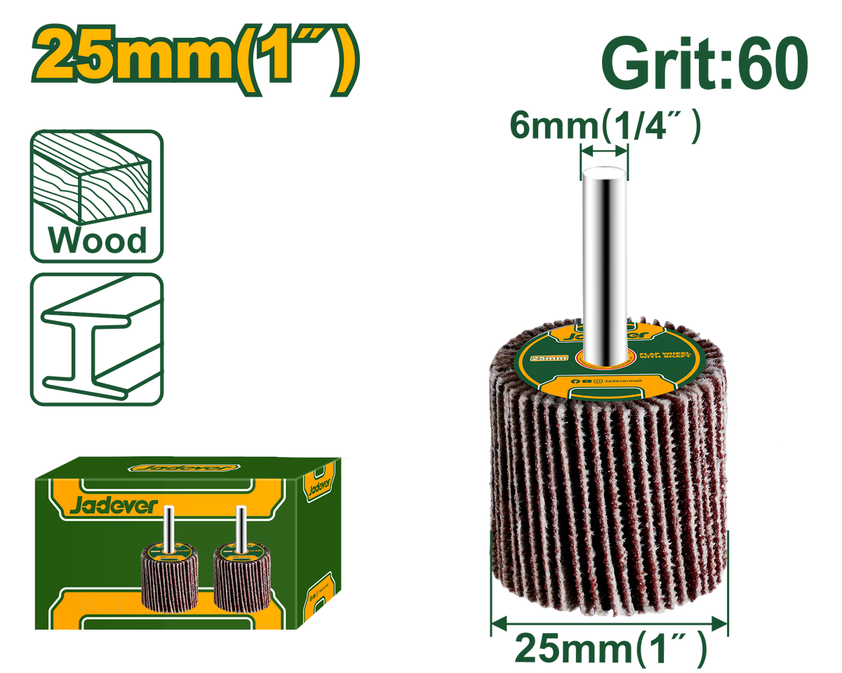 JADEVER Flap Wheel with Shaft 25×25×6mm Grit 60 – Abrasive Mounted Flap Wheel for Metal &amp; Wood (JDYW2502)