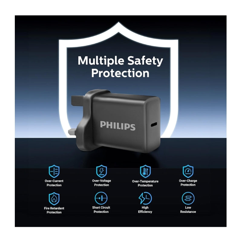 شاحن حائطي Philips 30W مع كابل USB-C أسود للشحن السريع