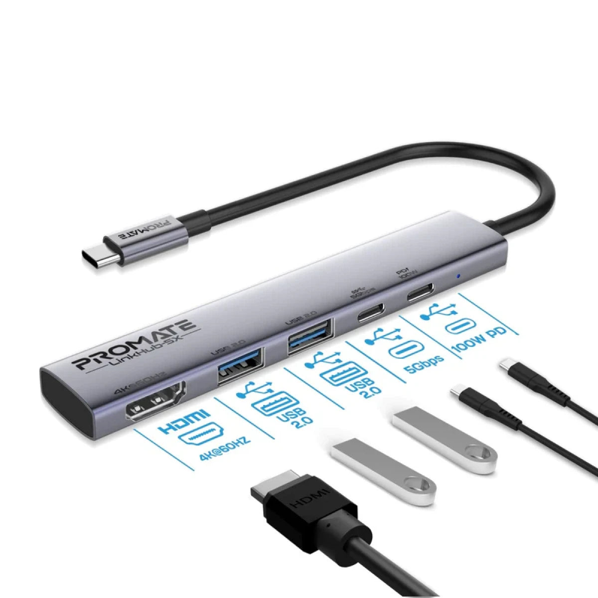 Promate LinkHub-5X 4K@60Hz USB-C Hub - 100W PD