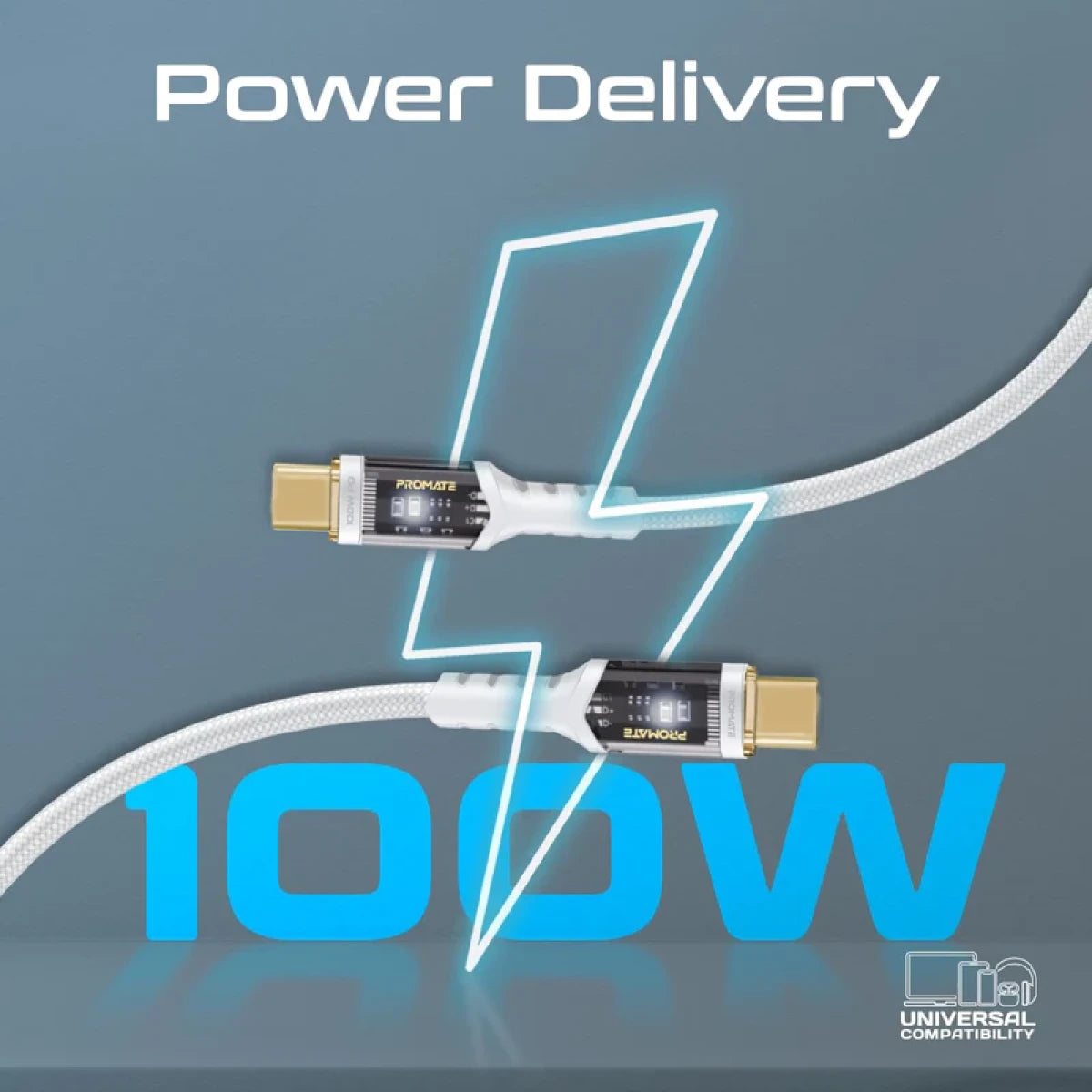 Promate LucidLine-CC200 High Tensile Transparent 100W PD USB-C Cable with LED Light - 2m