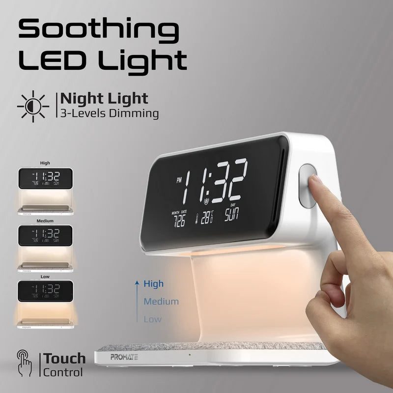 Promate Lumix-15W Multi-Function LED Alarm Clock with 15W Wireless Charger