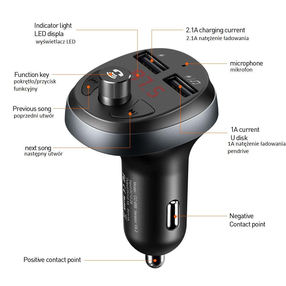 Mcdodo Bluetooth FM Transmitter Car Charger 5V 3A Fast Charge - Black