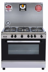 Nara NAXG/9000-BG Gas Cooker, 90 cm, Full Safety, Silver with Black Glass