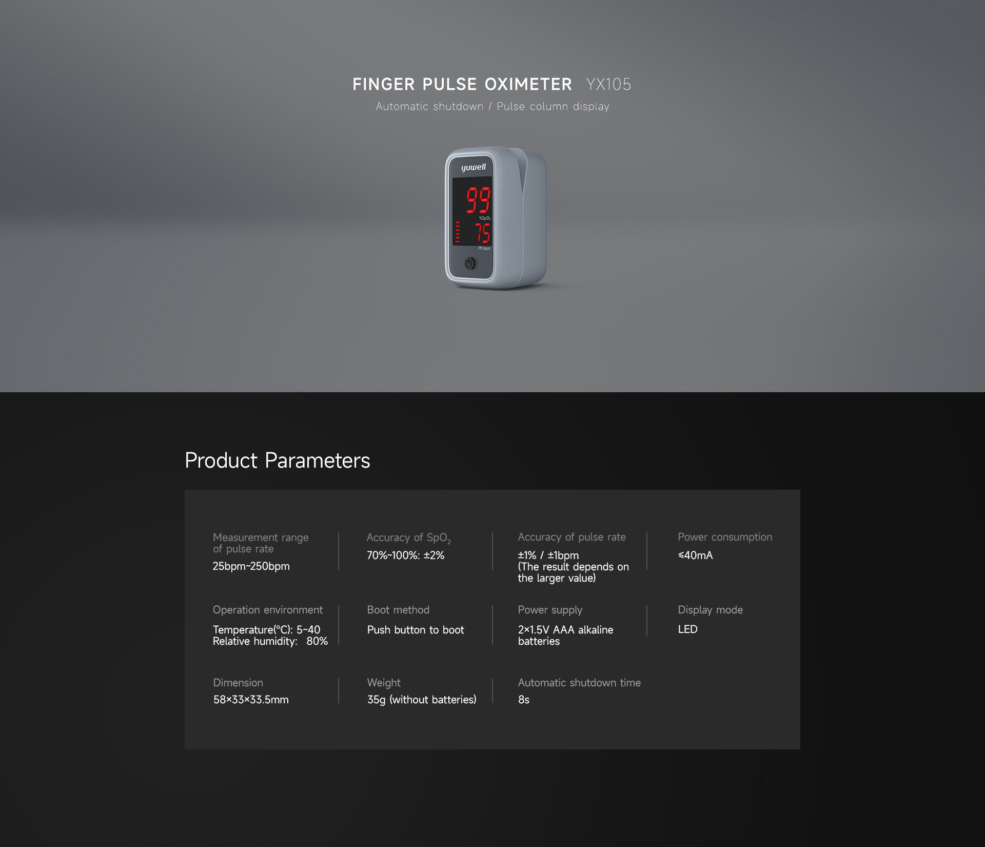 Finger Pulse Oximeter YX105 - Automatic Shutdown & Pulse Column Display