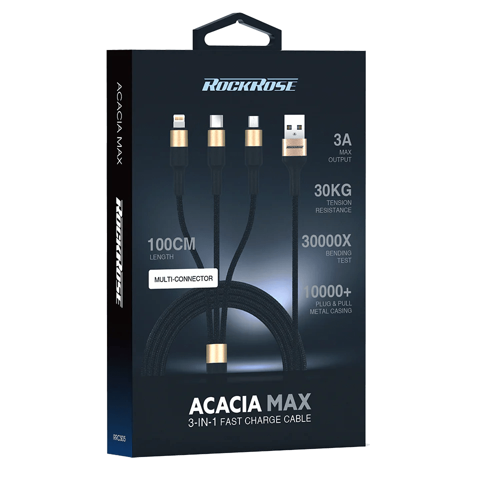 RockRose Acacia Max 3 in 1 3A Fast Charge Cable 1m Durable - Black