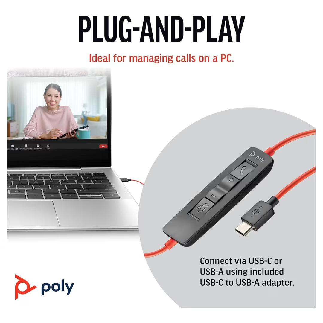 سماعة Poly Blackwire 3220 سلكية بميكروفون وإلغاء ضوضاء