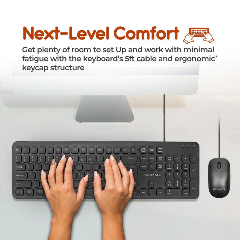 PROMATE Combo KM2 Wired Keyboard & Mouse Quiet & Ergonomic Design 