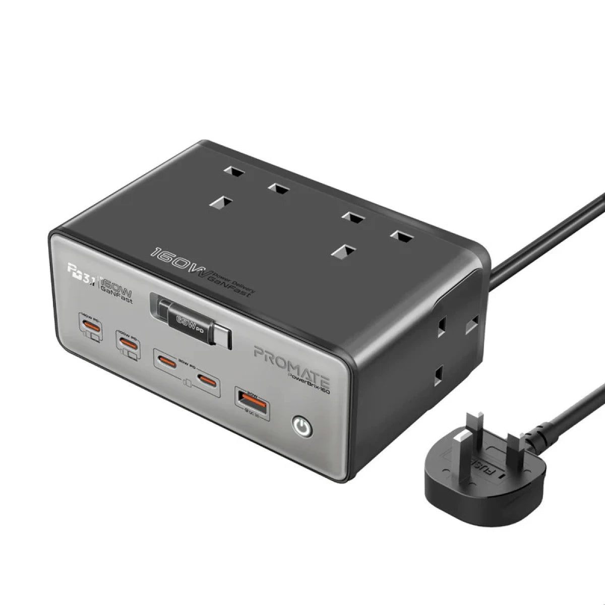 Promate PowerBrix-160W GaN PD 3.1 Charging Station with Quad AC Sockets - EU