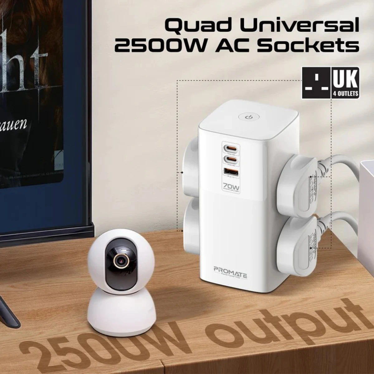 Promate PowerTower-70W Multi-Port Charging Station with Quad AC Sockets