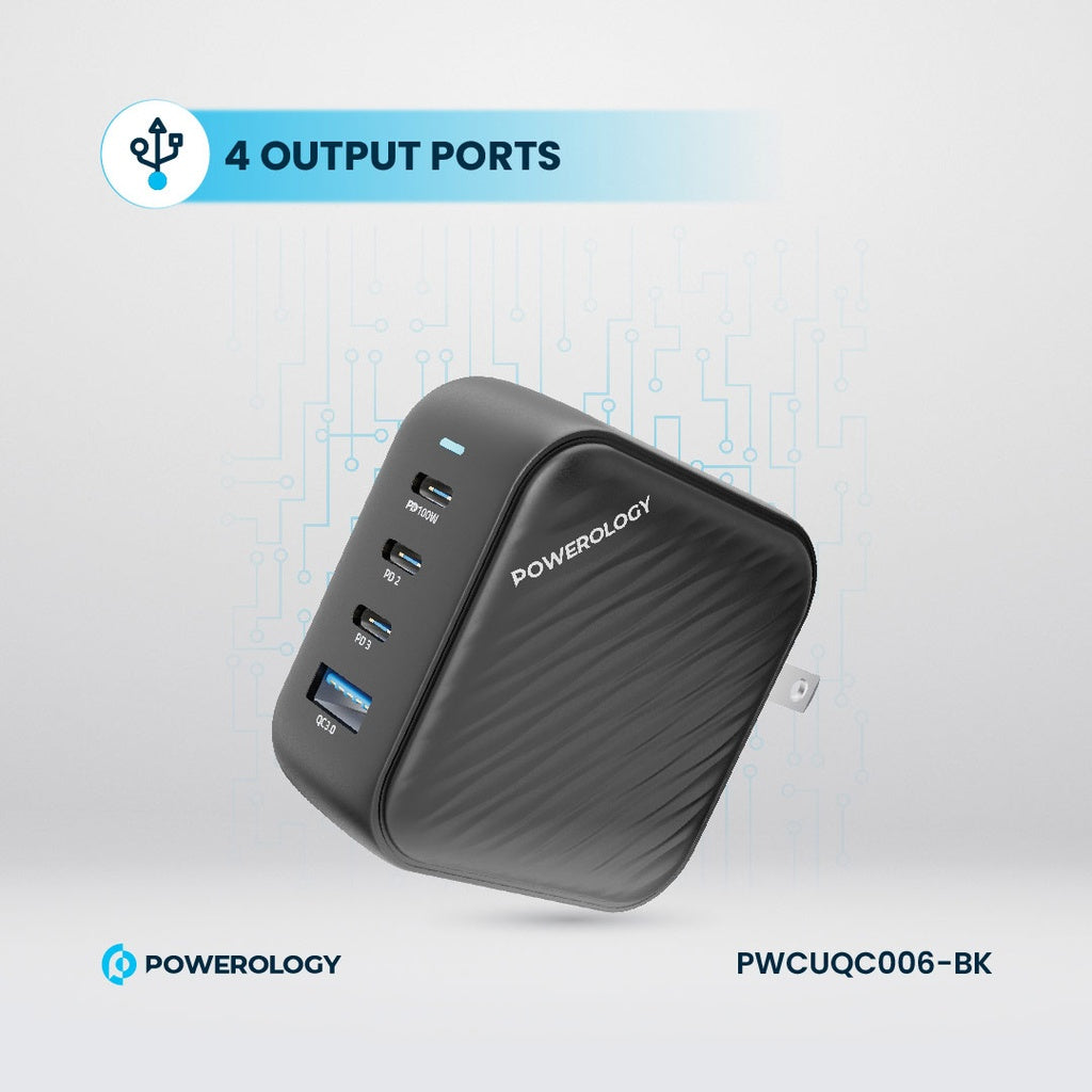 Powerology 100W World Travel Charger | 3 PD + 1 QC3.0 Ports