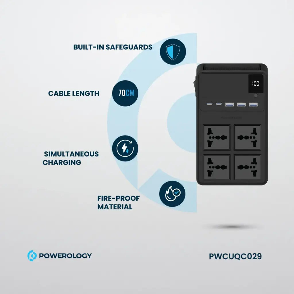 مشترك كهرباء Powerology 2500W بـ4 منافذ وكوابل مدمجة