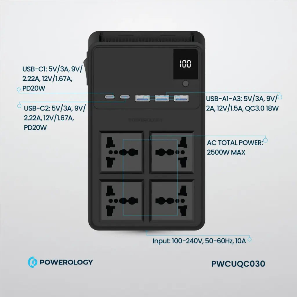 مشترك كهرباء Powerology 2500W بـ4 منافذ وكوابل مدمجة