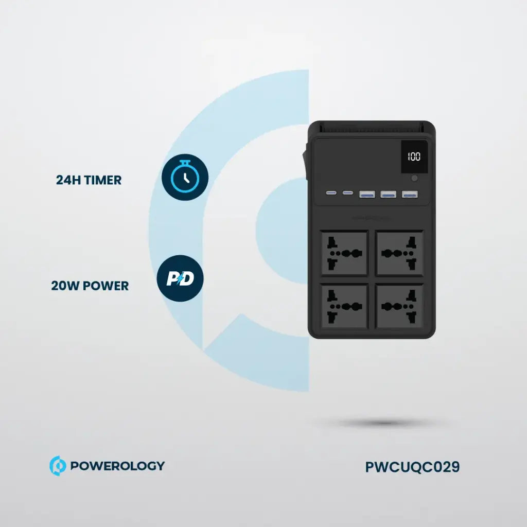 مشترك كهرباء Powerology 2500W بـ4 منافذ وكوابل مدمجة