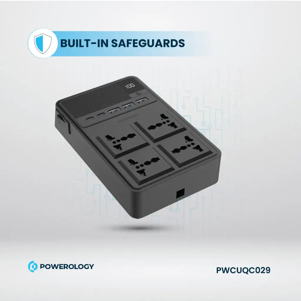 مشترك كهرباء Powerology 2500W بـ4 منافذ وكوابل مدمجة