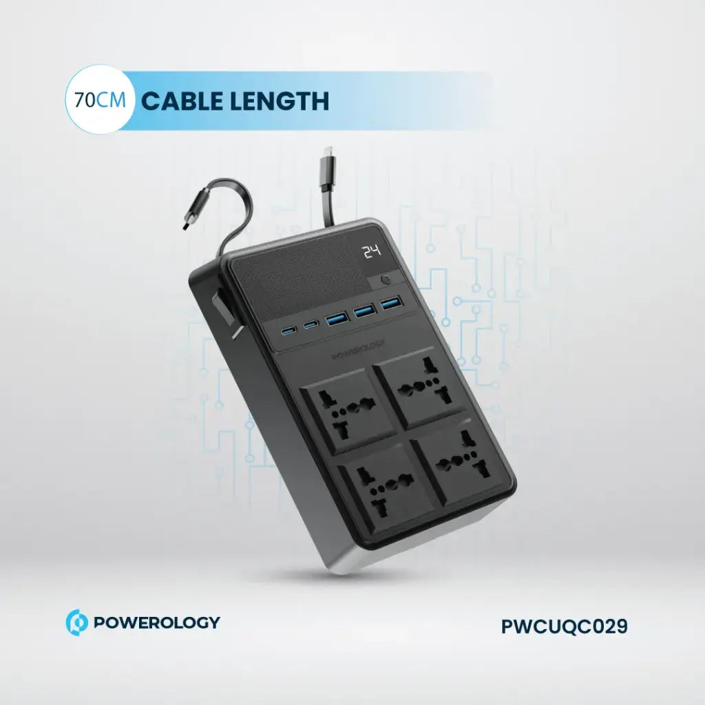 مشترك كهرباء Powerology 2500W بـ4 منافذ وكوابل مدمجة
