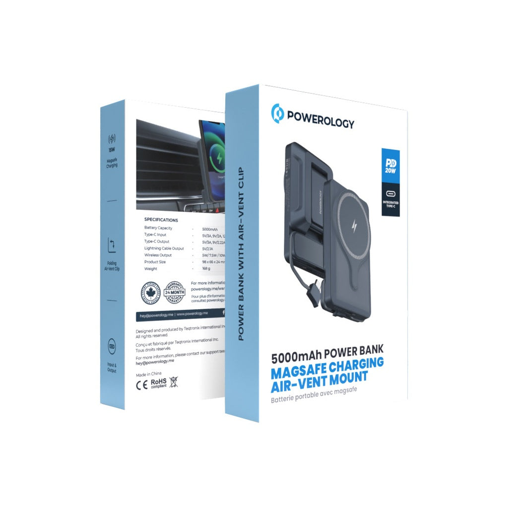 Powerology 5000mAh Magnetic Wireless Car Charger Mount