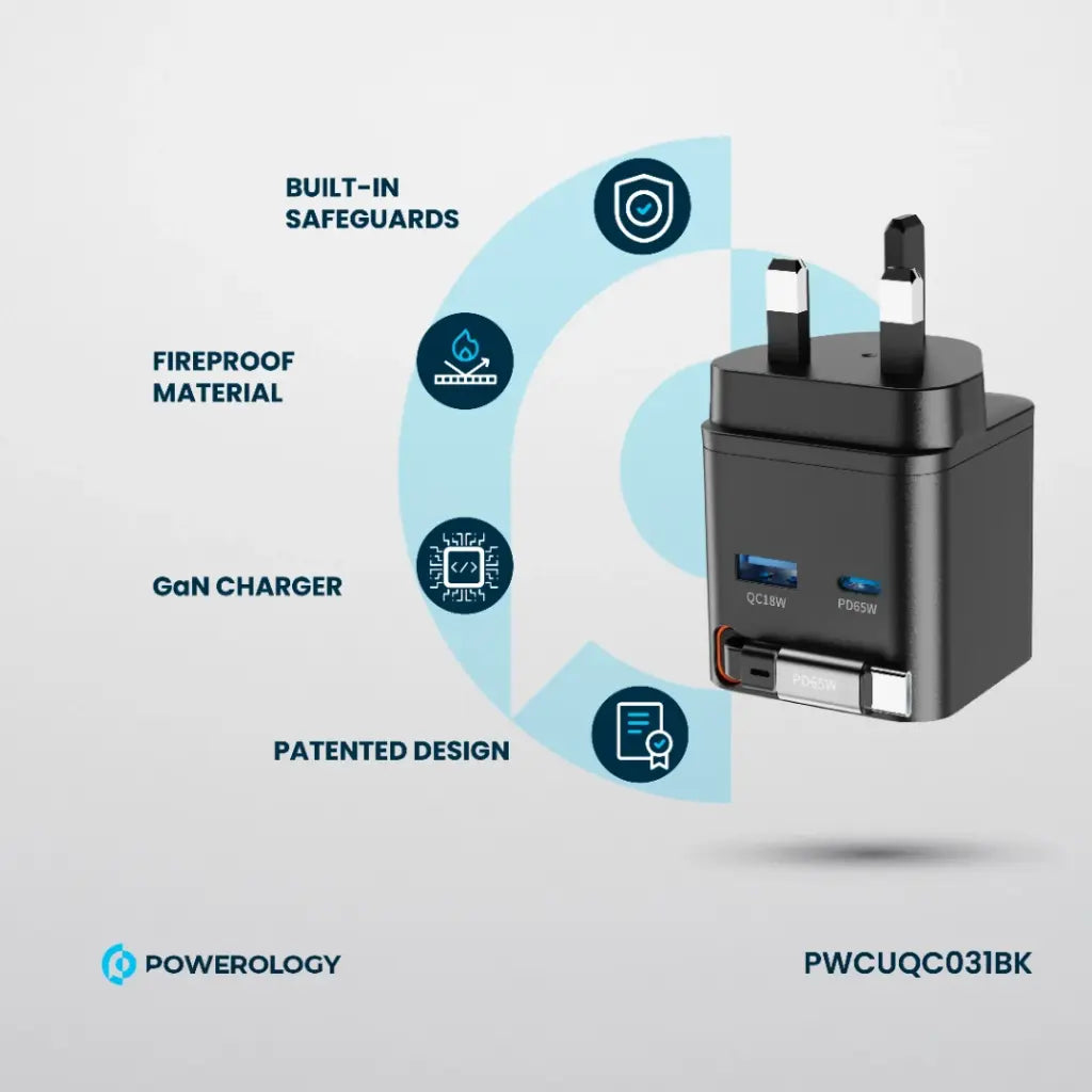 Powerology Retractable Dual-Port GaN Charger – Compact & Fast