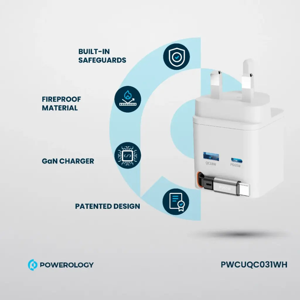 Powerology Retractable Dual-Port GaN Charger – Compact & Fast