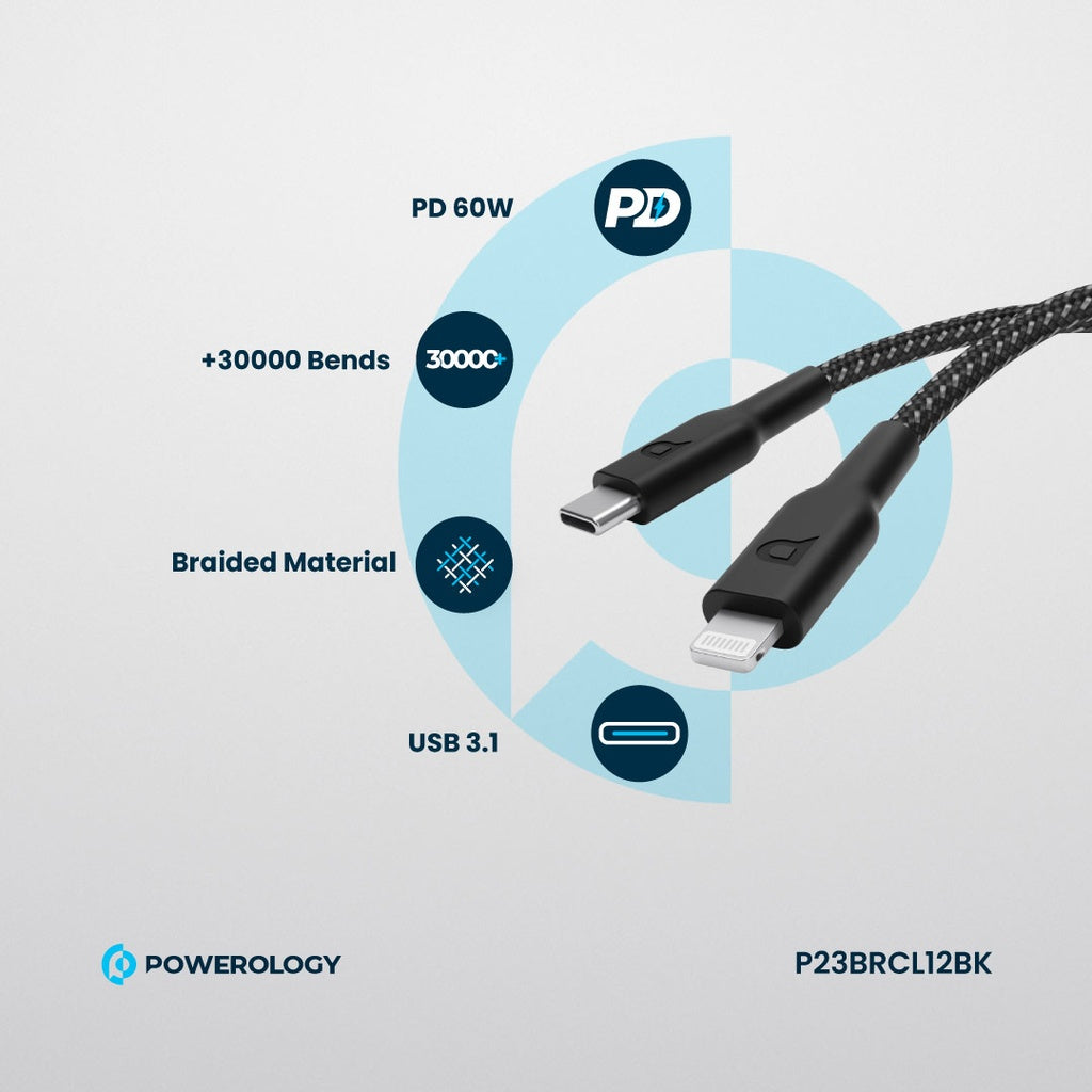 كابل Powerology مضفر PD 60W Type-C إلى Lightning بطول 1.2م
