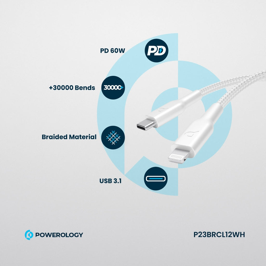 كابل Powerology مضفر PD 60W Type-C إلى Lightning بطول 1.2م
