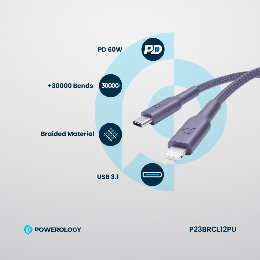 كابل Powerology مضفر PD 60W Type-C إلى Lightning بطول 1.2م
