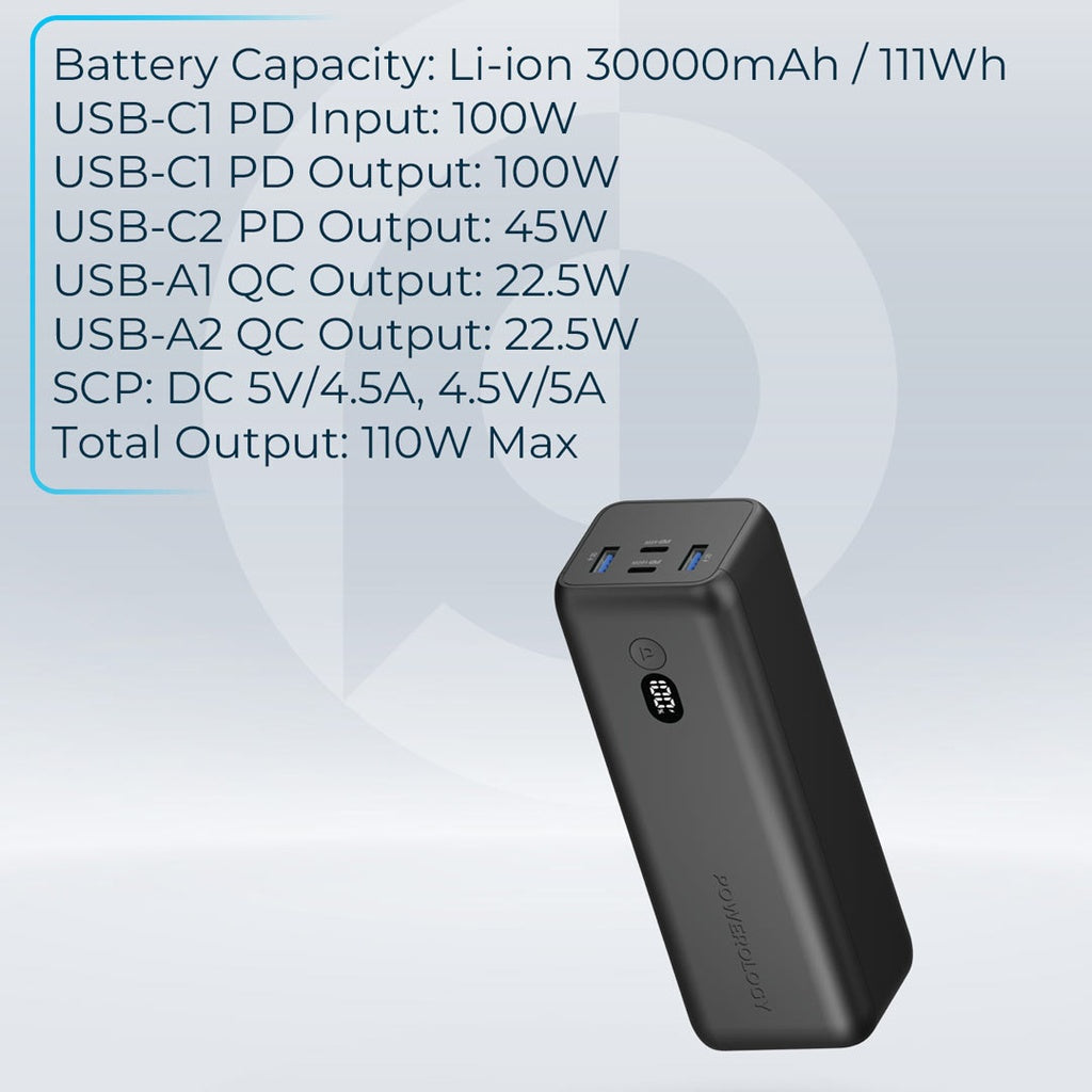 Powerology Onyx 30000mAh Dual USB-C Fast Power Bank