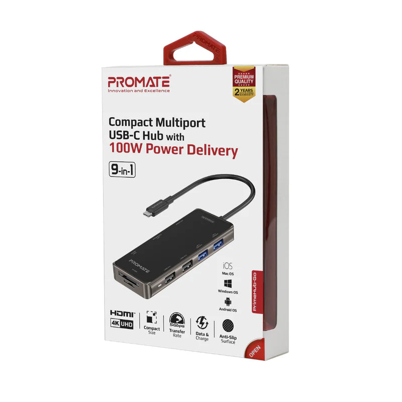 Promate PrimeHub-Go 9 In 1 Type-C Adapter 100W Power Delivery