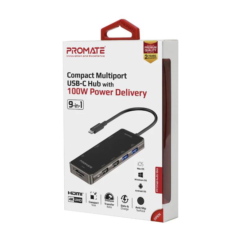 PROMATE PrimeHub Go Compact 9 in 1 USB C Hub with 100W Power - Black