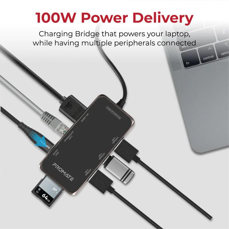 PROMATE PrimeHub Mini Compact USB C Hub with 100W Power Delivery - Black